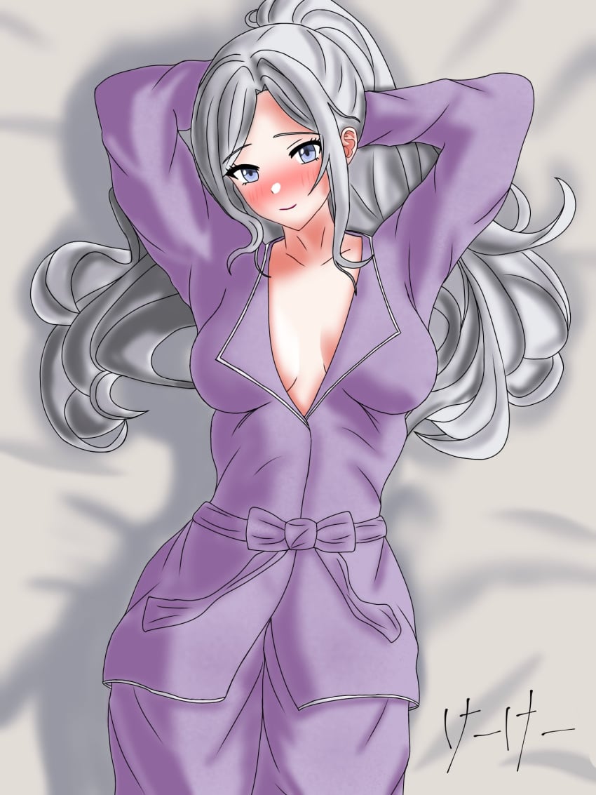 big_breasts blush d4dj keekee_(kk_d4ni) niijima_ibuki on_back on_bed robe watermark