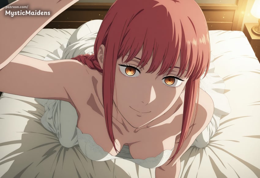 1girl ai_generated all_fours anime anime_style bare_shoulders bed braid braided_ponytail breasts chainsaw_man cleavage closed_mouth collarbone downblouse dress hentai hi_res indoors lamp long_hair looking_at_viewer makima_(chainsaw_man) medium_breasts mystic_maidens on_bed orange_eyes patreon patreon_username red_hair ringed_eyes sidelocks smile solo strapless strapless_dress wedding_dress white_dress yellow_eyes