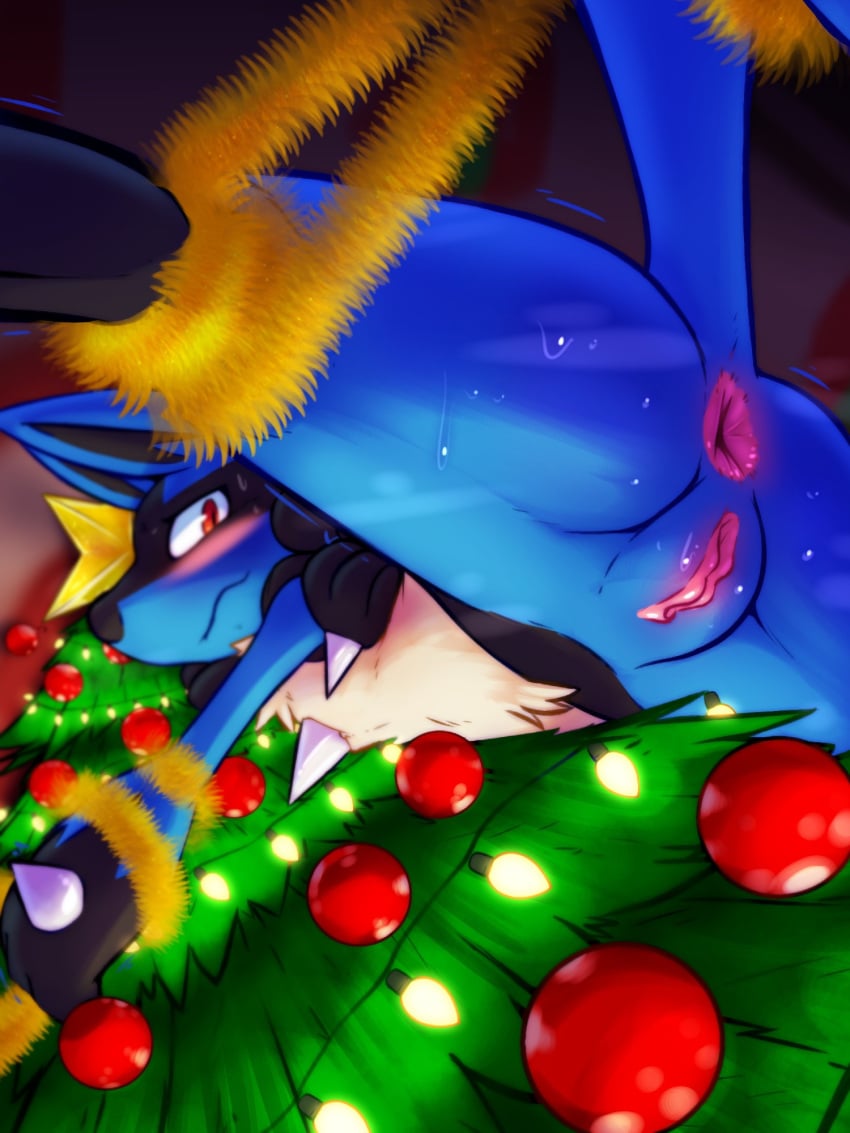 2024 anthro anus blue_body blue_fur blush canid canine christmas christmas_tree female fur generation_4_pokemon genitals hi_res holidays lucario mammal nintendo plant pokemon pokemon_(species) pussy red_eyes solo tree unknown_artist