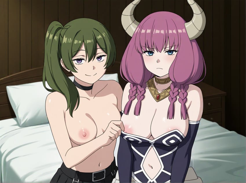 ai_generated aura_(sousou_no_frieren) belt blue_eyes breasts breasts_out choker frieren_beyond_journey's_end green_hair jewelry medium_breasts multiple_braids navel_cutout nipples pink_hair purple_eyes purple_hair skirt small_breasts strapless_dress thanatosai topless ubel_(sousou_no_frieren) undressing_another