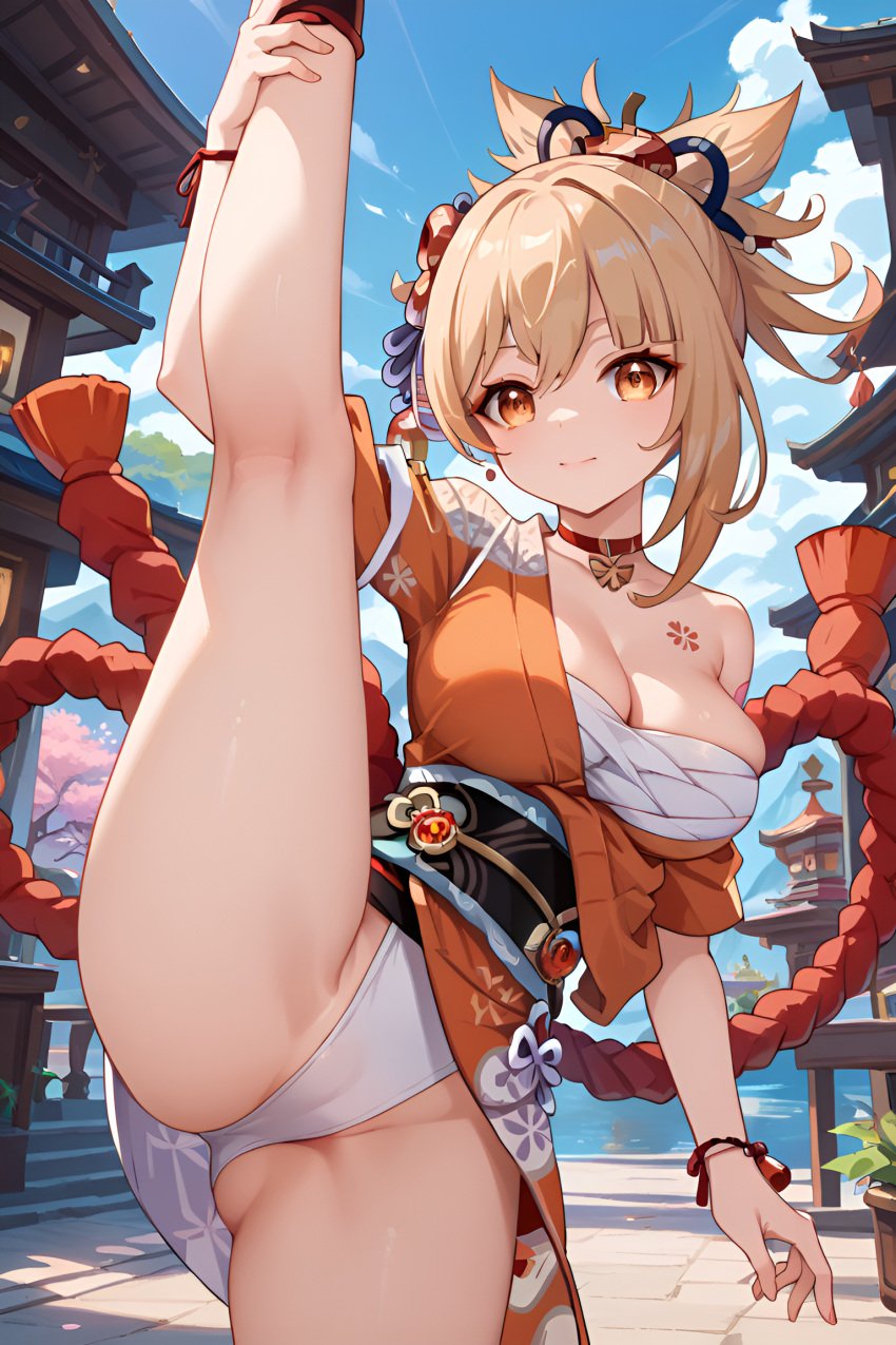 1girls ai_generated arm_tattoo bangs big_ass big_breasts big_butt blonde_female blonde_hair blonde_hair genshin_impact hair_ornament high_resolution highres hoyoverse jasse looking_at_viewer one_leg_up tagme yoimiya_(genshin_impact)