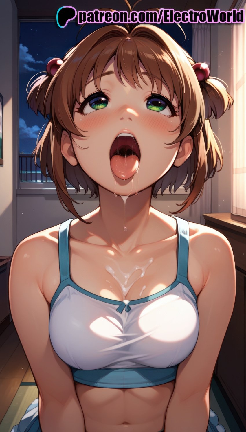 1girls after_fellatio after_oral after_sex ai_generated blush breasts brown_hair cardcaptor_sakura clavicle cumshot curvaceous curvy curvy_body curvy_female electroworld eyelashes facial female female female_only green_eyes half-closed_eyes highres lips open_mouth sakura_kinomoto saliva seductive seductive_look seductive_pose semen semen_in_mouth semen_on_body semen_on_breasts semen_on_hair semen_on_tongue shiny_skin short_hair simple_background solo sperm teeth tongue uncensored voluptuous voluptuous_female