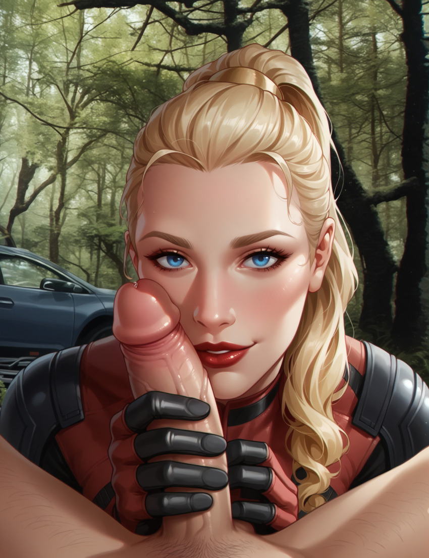 absurd_res ai_generated blonde_hair blue_eyes deadpool_&_wolverine_(2024) handjob lady_deadpool looking_at_viewer marvel marvel_cinematic_universe marvel_comics ponytail red_bodysuit stable_diffusion synth_canvas tagme unmasked wanda_wilson