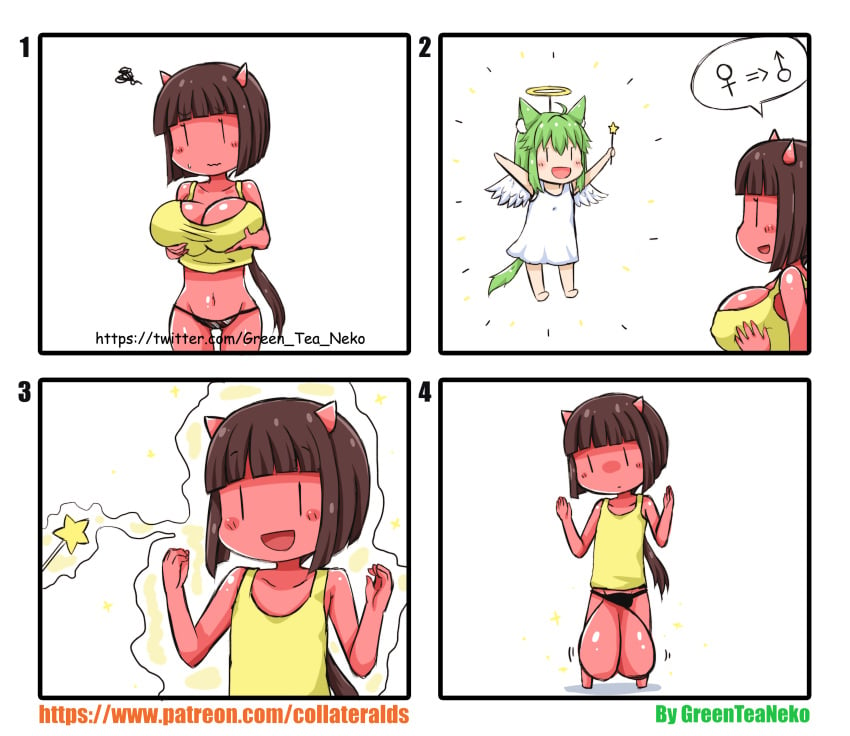 4koma animal_humanoid balls big_balls big_breasts breasts cat_humanoid comedy comic demon fairy feline female ftm_transformation funny gender_transformation girly greenteaneko greenteaneko-chan horn humanoid humor male mammal mongirl_4koma open_mouth red_skin transformation what