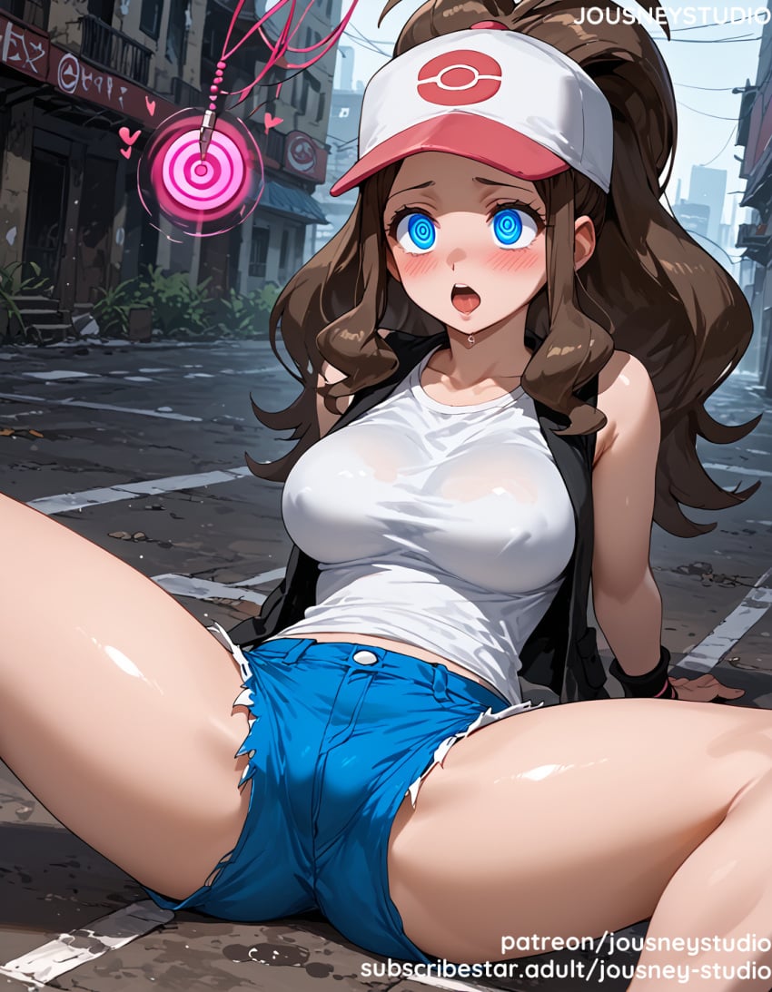 @_@ ai_generated bangs bare_shoulders baseball_cap black_vest blue_eyes blue_shorts blush breasts brown_hair building clothing curly_hair cutoffs day denim denim_shorts female female female_only hat headwear heart high_ponytail hilda_(pokemon) hypnosis jousneystudio large_breasts long_hair looking_at_viewer midriff midriff_peek mind_control navel nipples open_clothes open_mouth open_vest outdoors pokemon pokemon_(game) pokemon_black_&_white pokemon_character ponytail protagonist_(pokemon) shirt short_shorts shorts sidelocks sitting sky sleeveless sleeveless_shirt solo spread_legs sweat tank_top text thick_thighs thighs tied_hair tongue tree vest white_shirt wristband