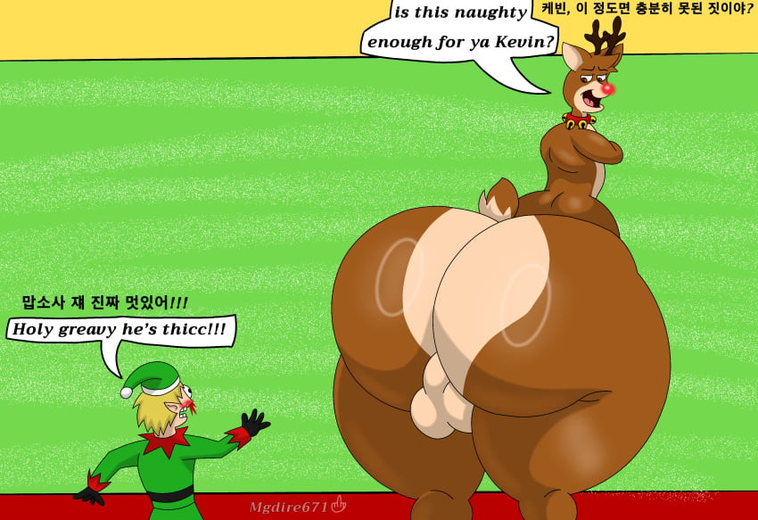 absurd_res anthro ass balls bell big_butt blood blush bodily_fluids brown_body brown_eyes brown_fur christmas christmas_clothing christmas_headwear clothing collar deer duo elf fur genitals gesture glowing glowing_nose hat headgear headwear hi_res holidays horn huge_butt humanoid jingle_bell korean_text male male/male mammal mature_anthro mature_male mgdire671 multicolored_body multicolored_fur new_world_deer nosebleed red_nose reindeer rudolph rudolph_the_red-nosed_reindeer rudolph_the_red_nosed_reindeer santa_hat suggestive suggestive_gesture tail tan_body tan_fur text wide_hips