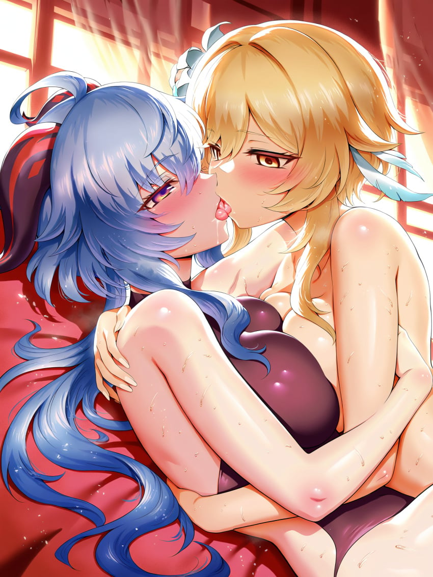 2girls absurd_res ahoge ai_generated breast_press closed_eyes french_kiss ganyu_(genshin_impact) genshin_impact hand_on_another's_back hand_on_another's_waist horns kissing leg_between_thighs lumine_(genshin_impact) ministro multiple_girls nude symmetrical_docking tongue yuri