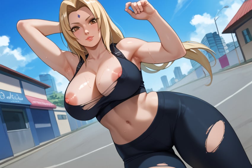 1girls ai_generated armpits arms_up black_legwear blonde_hair exposed_breasts female gym_clothes huge_breasts leggings light-skinned_female looking_at_viewer naruto naruto_(series) naruto_shippuden navel nipple_slip nipples pose posing praiseme888 ripped_clothing slim_waist tight_clothing tsunade wide_hips