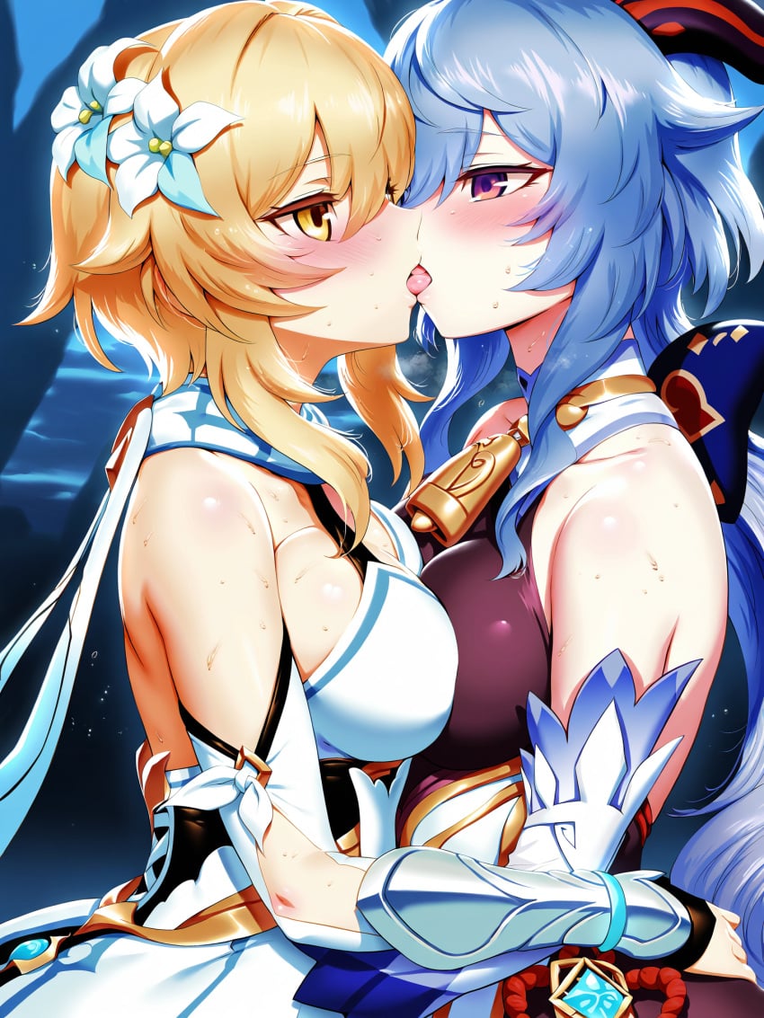 2girls absurd_res ahoge ai_generated breast_press closed_eyes french_kiss ganyu_(genshin_impact) genshin_impact hand_on_another's_back hand_on_another's_waist horns kissing leg_between_thighs lumine_(genshin_impact) ministro multiple_girls symmetrical_docking tongue yuri