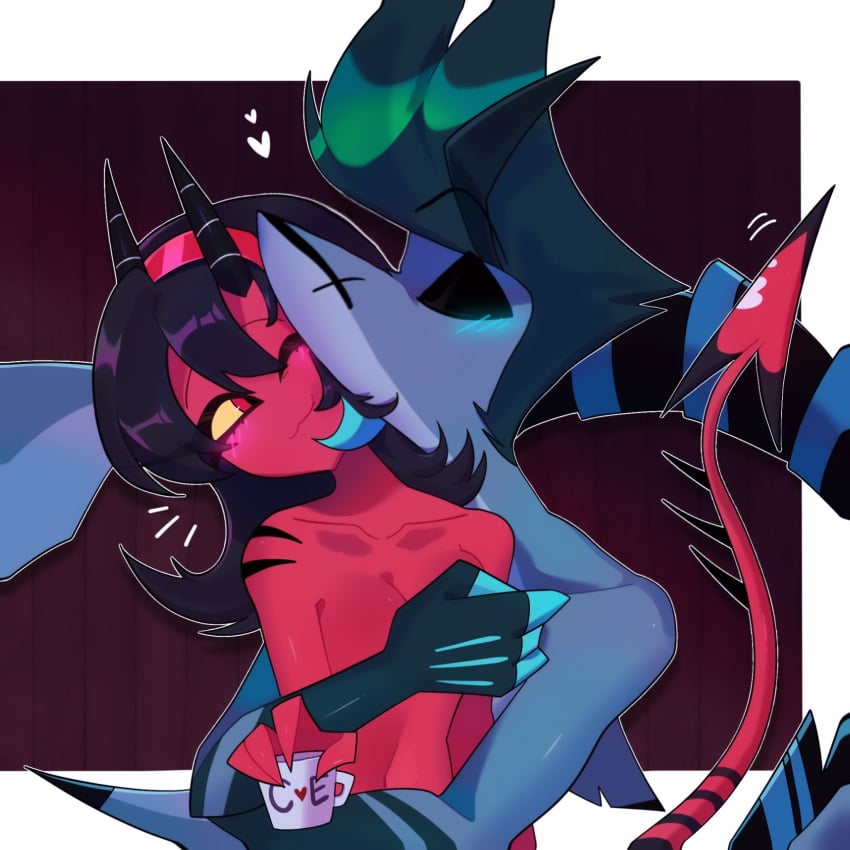 after_sex anthro blush breasts chaz_(helluva_boss) container cup demon demon_humanoid detailed_background duo erica172879 female fish green_body green_hair hair helluva_boss hi_res horn humanoid imp interspecies kissing male male/female marine nude red_eyes shark tail