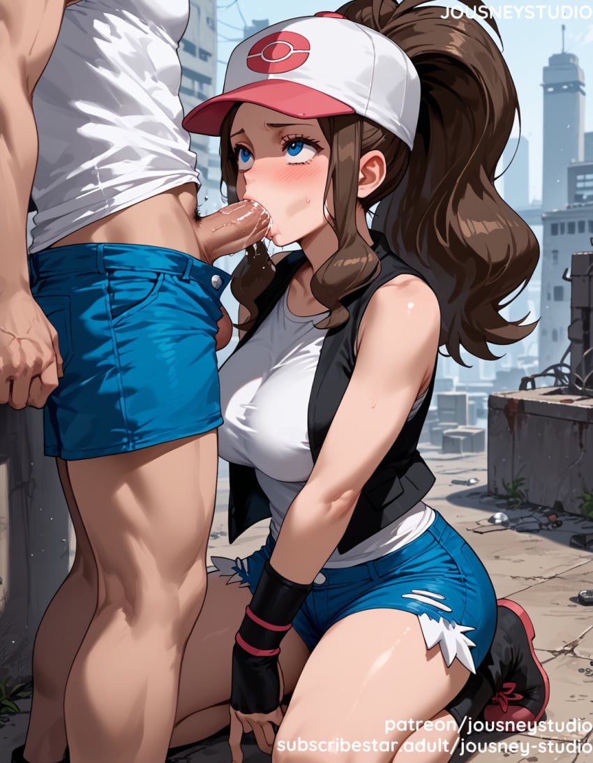 1boy ai_generated bangs bare_shoulders baseball_cap black_footwear black_vest blue_eyes blue_shorts blush boots breasts brown_hair building city clothed_female clothed_female_nude_male clothing cutoffs day denim denim_shorts erection fellatio female female fingerless_gloves footwear gloves hat headwear high_ponytail hilda_(pokemon) jousneystudio kneeling large_breasts large_penis long_hair looking_at_another looking_at_viewer looking_up male nipples oral outdoors pants penis pokemon pokemon_(game) pokemon_black_&_white pokemon_character ponytail protagonist_(pokemon) saliva shirt shoes short_shorts shorts sidelocks sky sleeveless sleeveless_shirt solo_focus standing straight sweat tank_top testicles thighs tied_hair veins vest white_shirt wristband