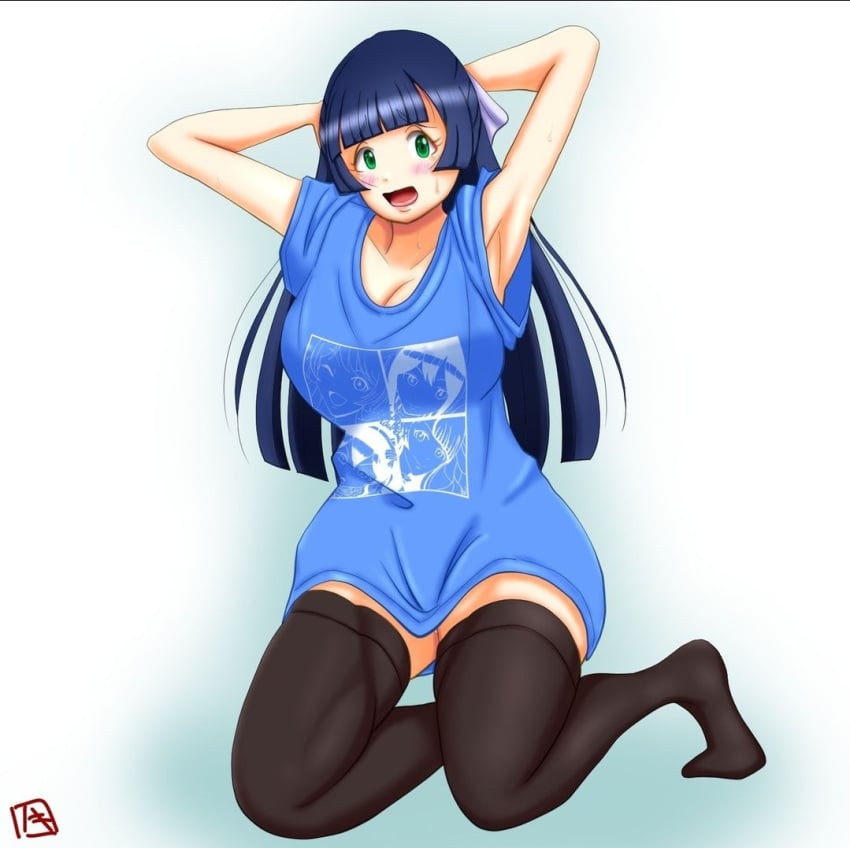 aimoto_rinku akashi_maho armpits bagmozzarella big_breasts blush clothed d4dj happy_around! long_shirt ohnaruto_muni on_knees pussy_juice stockings sweat thick_thighs togetsu_rei watermark wide_hips