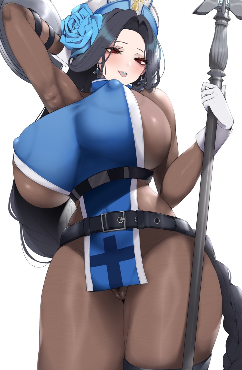 1girls aizawa_marimo arm_up barcode black_hair blue_robe blush bodystocking breasts cameltoe covered_nipples cross earrings flower flower_in_hair from_below goddess_of_victory:_nikke hat hi_res huge_breasts looking_at_viewer mage maiden_(ice_rose)_(nikke) maiden_(nikke) official_alternate_costume open_mouth red_eyes robe shield simple_background solo solo_female staff thigh_strap tongue tongue_out turtleneck white_background white_gloves