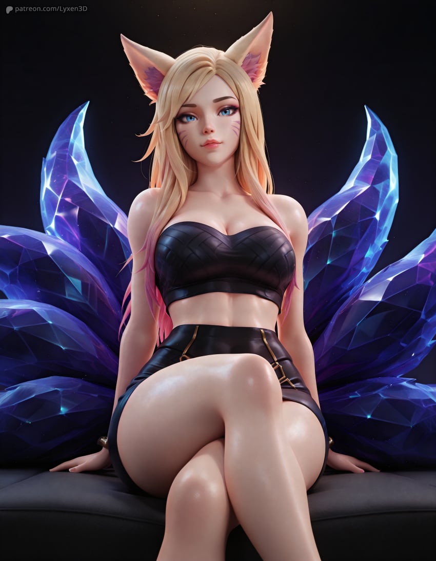 3d ahri ai_generated animal_ear_fluff animal_ears artist_name bandeau bare_legs bare_shoulders blonde_hair blue_eyes bracelet breasts cleavage closed_mouth collarbone crop_top crossed_legs facial_mark feet_out_of_frame female fox_ears fox_tail gradient_hair k/da_all_out_ahri k/da_all_out_series large_breasts league_of_legends lips long_hair looking_at_viewer lyxen3d makeup midriff multicolored_hair multiple_tails nose pencil_skirt pink_hair pink_lips shiny_skin shorts sitting skirt solo strapless tail thighs tube_top vastaya whisker_markings