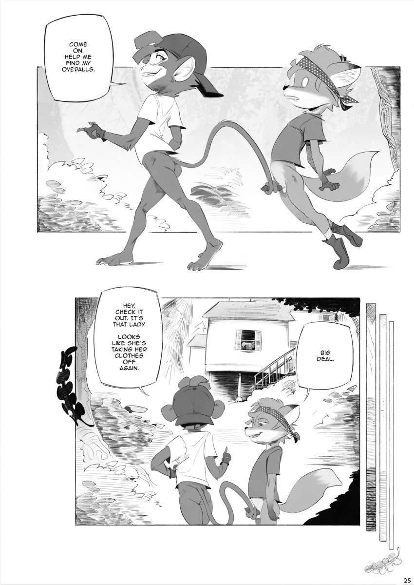 anthro canid canine comic duo english_text erection female fox genitals haplorhine hi_res horemheb male mammal monkey monochrome penis primate pussy text tomboy