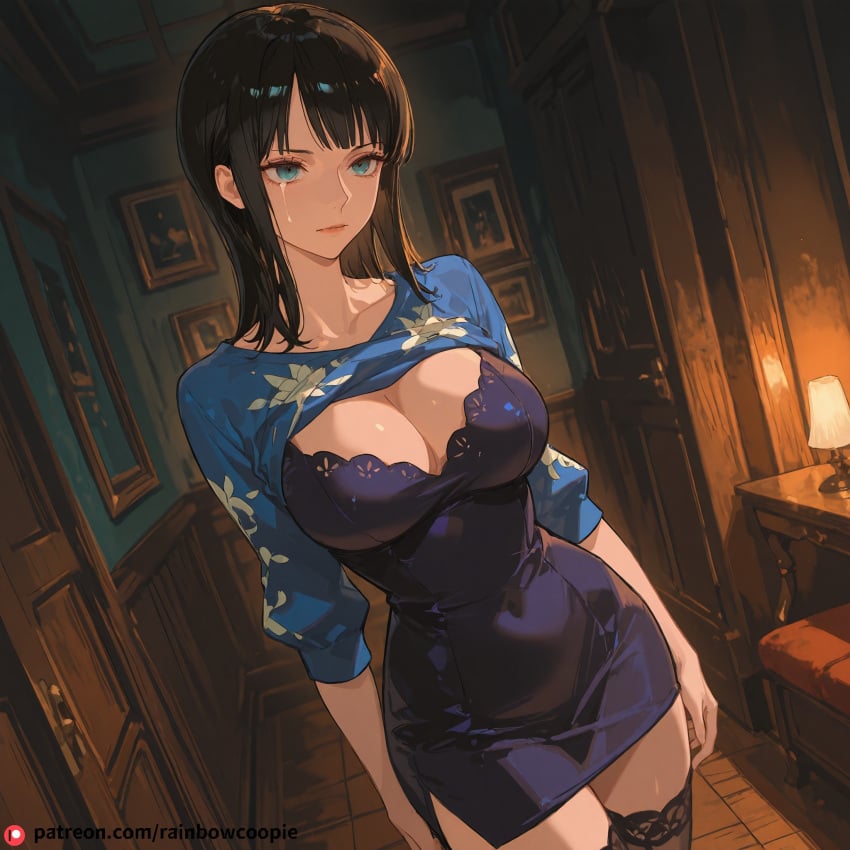 ai_generated beautfiul_background black_hair bloodstained chinese_style_loft cleavage clothing dim_candlelight dress empty_room female female_only flushed_lips hair_messy large_breasts nico_robin one_piece rainbowcoopie shirt_lift streaming_tears stunning_backgroud thighhighs zettai_ryouiki