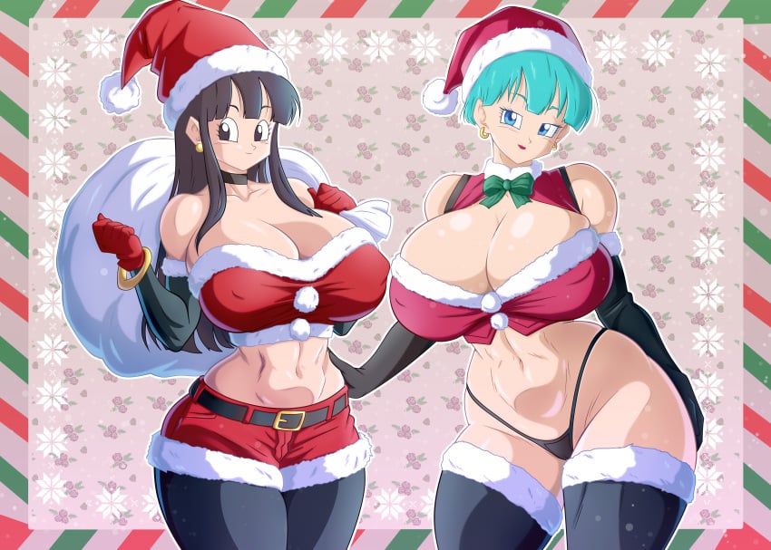 black_thong bulma_briefs chichi christmas christmas_outfit curvy_figure dragon_ball dragon_ball_z huge_breasts santa_hat soul-z wide_hips