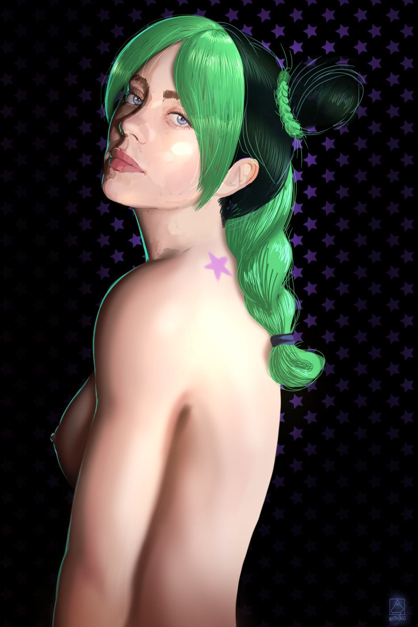 1girls alternate_version_available billie_eilish blue_eyes breasts breasts_out cosplay drawing green_hair joestar_birthmark jojo's_bizarre_adventure jolyne_kujo_(cosplay) lips lipstick looking_at_viewer new_epic_artist nipples nude nude_female pale-skinned_female pale_skin ponytail realistic realistic_proportions shoulders side_boob side_view sideboob stone_ocean tilted_head