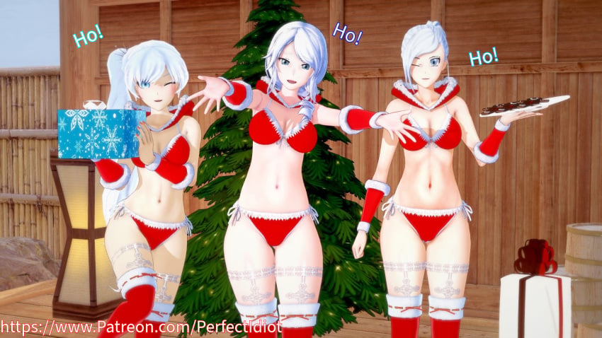 blue_eyes christmas_outfit christmas_tree cookies family koikatsu lingerie mother_and_daughter perfect_idiot present red_bra red_panties rwby take_your_pick text thighhighs three_girls weiss_schnee white_hair willow_schnee winter_schnee