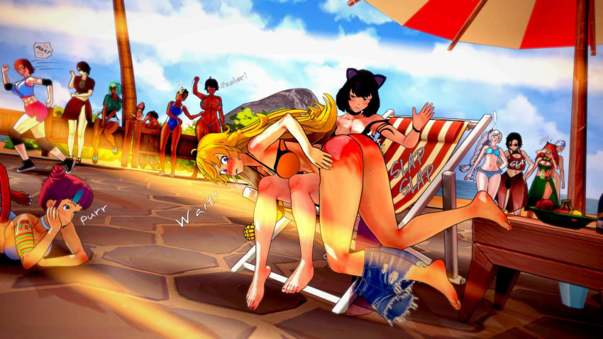 beach blake_belladonna female female_only group multiple_girls professor_crimson public public_nudity public_spanking ruby_rose rwby spanked spanking weiss_schnee yang_xiao_long yuri