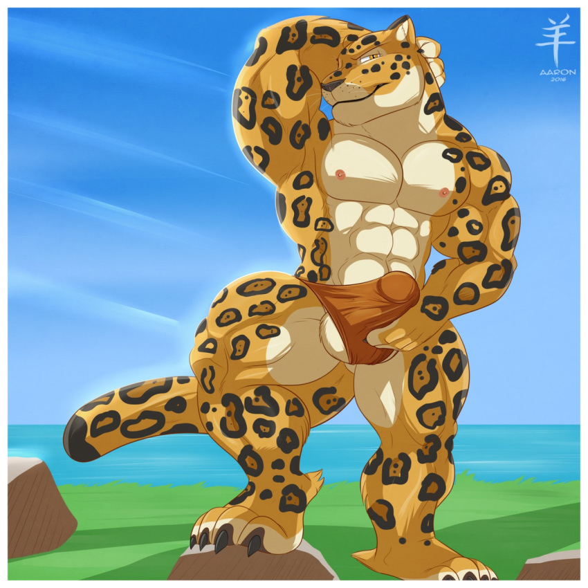 2016 4_toes aaron_(artist) abs anthro balls barefoot biceps big_muscles biped black_claws black_fur black_nose black_spots black_tail blue_sky border brown_bottomwear brown_clothing brown_underwear bulge claws clothed clothing countershade_face countershade_torso countershading day detailed_background digital_media_(artwork) digitigrade duncan_tuerk erection erection_under_clothes feline flexing front_view full-length_portrait fur grass hand_behind_head hi_res jaguar long_tail looking_at_viewer male male_only mammal multicolored_fur multicolored_tail muscular muscular_male nipples outside pecs pepsi_(fa) pink_nipples pinup portrait pose quads raised_arm raised_leg rock rosettes sea signature sky smile smirk solo spots spotted_fur spotted_tail standing step_pose tenting thong toe_claws toes topless two_tone_tail underwear water whiskers white_balls white_border white_countershading white_fur yellow_eyes yellow_fur yellow_tail