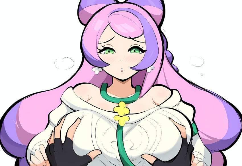 1boy 1boy1girl 1girls aged_up ai_generated alternate_breast_size breast_grab female groping groping_breasts large_breasts miriam_(pokemon) mullon novelai pink_hair pokemon pokemon_journeys pokemon_sv pov pov_hands straight straight