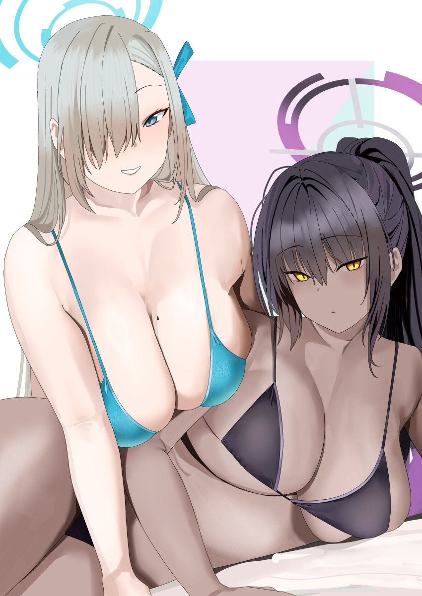 2girls absurdres asuna_(blue_archive) bikini black_hair blonde_hair blue_archive blue_eyes breasts cleavage halo highres huge_breasts karin_(blue_archive) long_hair multiple_girls ponytail purple_background swimsuit tnr_(horiko1525) white_background yellow_eyes