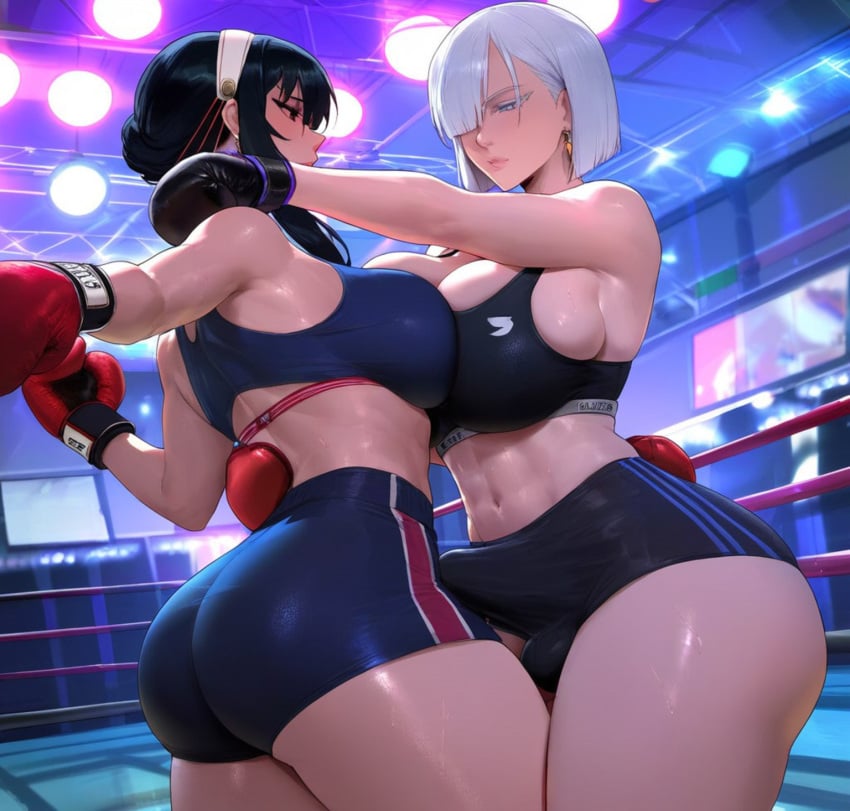 2futas 2girls abs ai_generated angry angry_face ashamed bangs bare_shoulders big_ass big_breasts black_boxing_gloves black_hair blue_eyes blush boxing boxing_gloves boxing_ring breast_press breasts bulge bulge_through_clothing busty choker cleavage dominant dominant_female dominated dominated_female earrings erect_penis face_to_face female female_focus female_only fighting_ring fiona_frost futa_only futadom futanari hair_ornament hair_over_one_eye hand_on_shoulder hand_on_waist hourglass_figure huge_ass huge_breasts jewelry large_breasts light-skinned_female light_skin long_hair looking_at_another massive_ass massive_breasts navel night racerai red_boxing_gloves short_hair shorts sidelocks sky spy_x_family stadium stud_earrings white_hair yor_briar yor_forger yuri