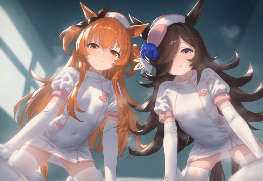 2girls ai_generated animal_ears female horse_girl mayano_top_gun_(umamusume) rice_shower_(umamusume) umamusume umamusume_pretty_derby