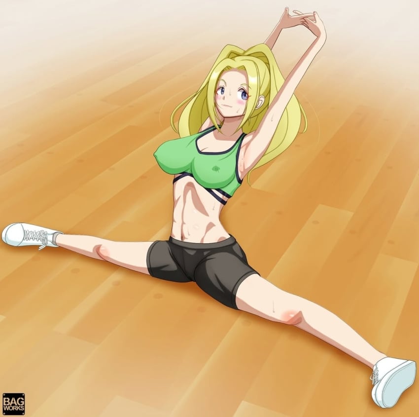 abs armpits bagmozzarella big_breasts blush d4dj gym gym_uniform hands_above_head long_hair nipple_bulge sasago_jennifer_yuka splits sweat watermark