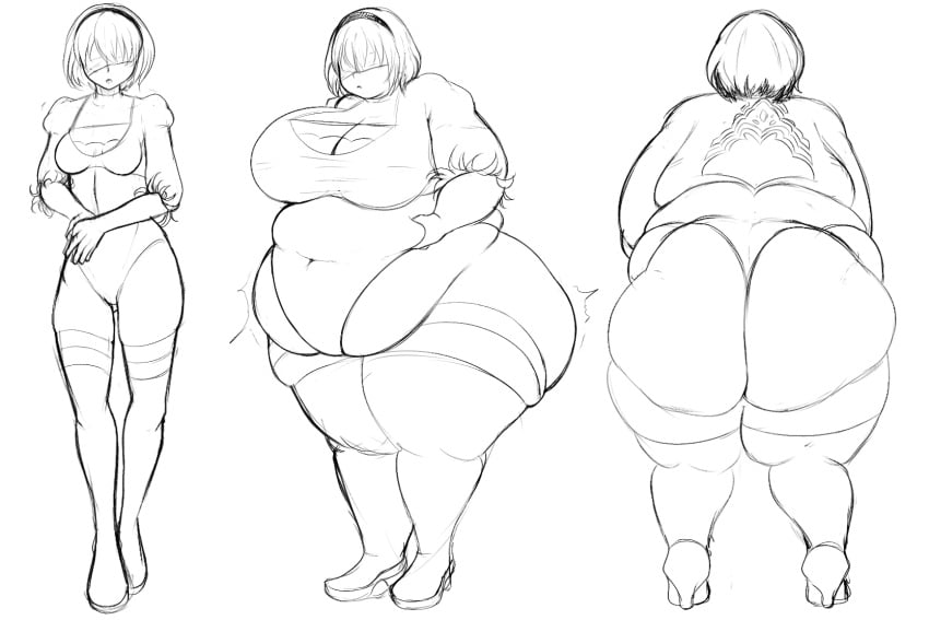 1girls ass bbw belly blindfold breasts chubby clothing fat fat_ass female female_only grabbing_belly hairband huge_ass huge_belly huge_breasts kalalartist light-skinned_female light_skin monochrome morbidly_obese nier nier:_automata obese overweight short_hair sketch solo weight_gain white_hair yorha_2b