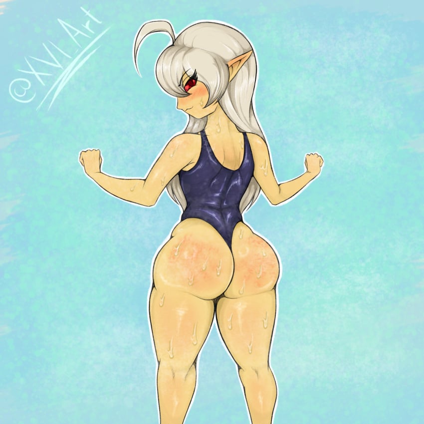 1girls ahoge alternate_color_scheme ass ass_focus back_view beta_design big_ass blonde_hair blue_eyes blush camila_silverdew early_design female hips light-skinned_female light_skin long_ears long_hair looking_at_viewer looking_back looking_over_shoulder one-piece_swimsuit petite petite_female pointy_ears red_eyes red_sclera ruza self_upload shortstack signature silver_hair simple_background slim_waist smug solo solo_female spank_marks steam sweat sweatdrop sweating swimsuit thick_thighs thighs variant_set xvi yellow_skin