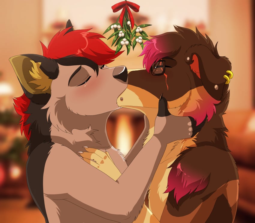 anthro canid canine canis claws closed_eyes domestic_dog duo ear_piercing eyewear fur glasses hair hi_res inner_ear_fluff inside kissing lawkie male male/male mammal mistletoe piercing plant tuft