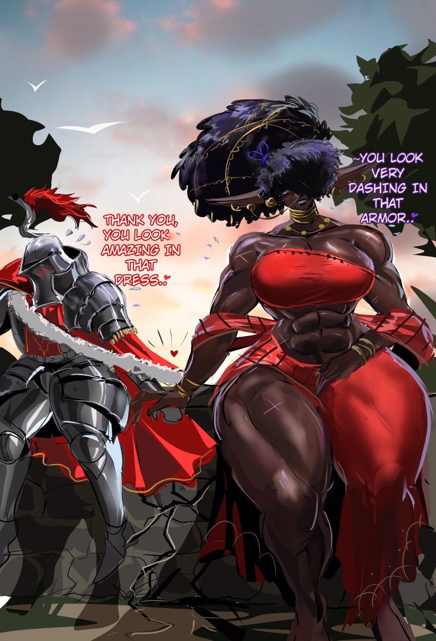 1boy 1girls afro armor armored_male bahaal_(jinn_hunter) big_thighs blush cape cloak dark-skinned_female dress embarassed_male embarassment flustered flustered_male fully_clothed gold_(metal) gold_jewelry hair_over_one_eye helmet holding_hands huge_breasts huge_thighs jewelry looking_at_another looking_away massive_thighs muscular_female muscular_thighs nervous non_sexual outdoors scar scars simple_background sir_gareth_(jinn_hunter) sitting tagme thunder_thighs thunderthighs tied_hair venommoe