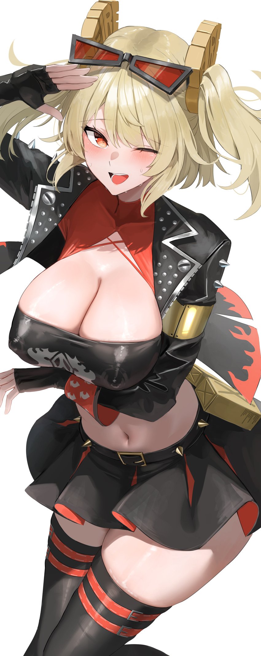 1girls 2d absurdres arm_under_breasts arm_up black_jacket black_thighhighs blonde_hair blush breasts burnice_white cleavage commentary_request covered_nipples crop_top eyewear_on_head female hana_hebi highres jacket large_breasts long_hair long_sleeves looking_at_viewer miniskirt navel nipple_bulge nipples one_eye_closed open_mouth red-tinted_eyewear red_eyes simple_background skirt smile solo spiked_jacket stomach sweat thick_thighs thighhighs thighs tinted_eyewear twintails white_background zenless_zone_zero