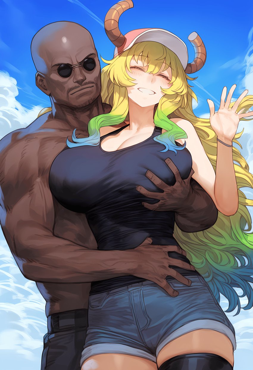 1girls ai_generated big_ass big_breasts big_penis dark-skinned_male dark_skin dragon_maid female huge_ass huge_breasts huge_cock kaikoi light-skinned_female quetzalcoatl_(dragon_maid) wide_hips