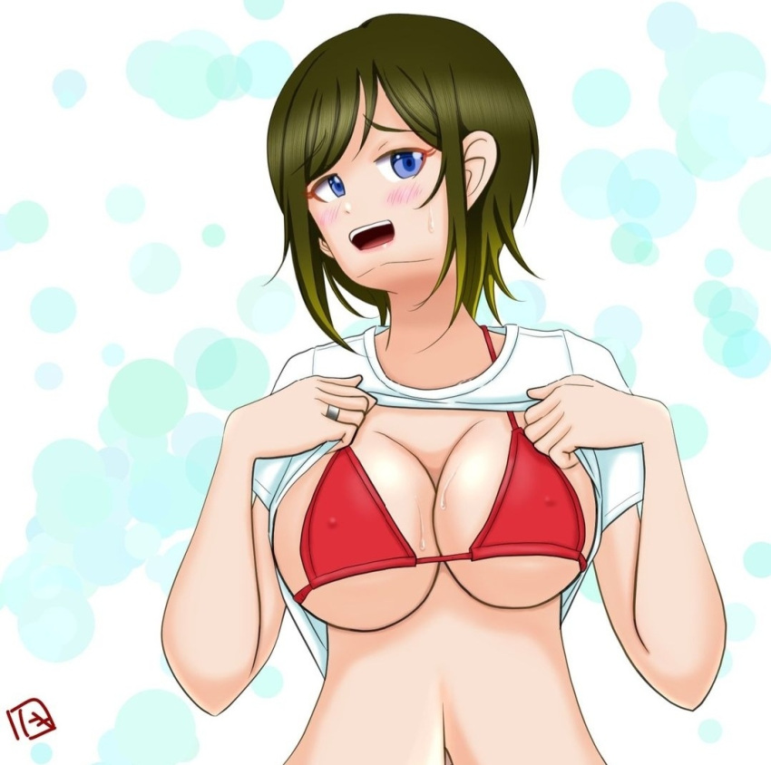 akashi_maho bagmozzarella big_breasts blush bra d4dj flashing flashing_breasts nipple_bulge sweatdrop watermark