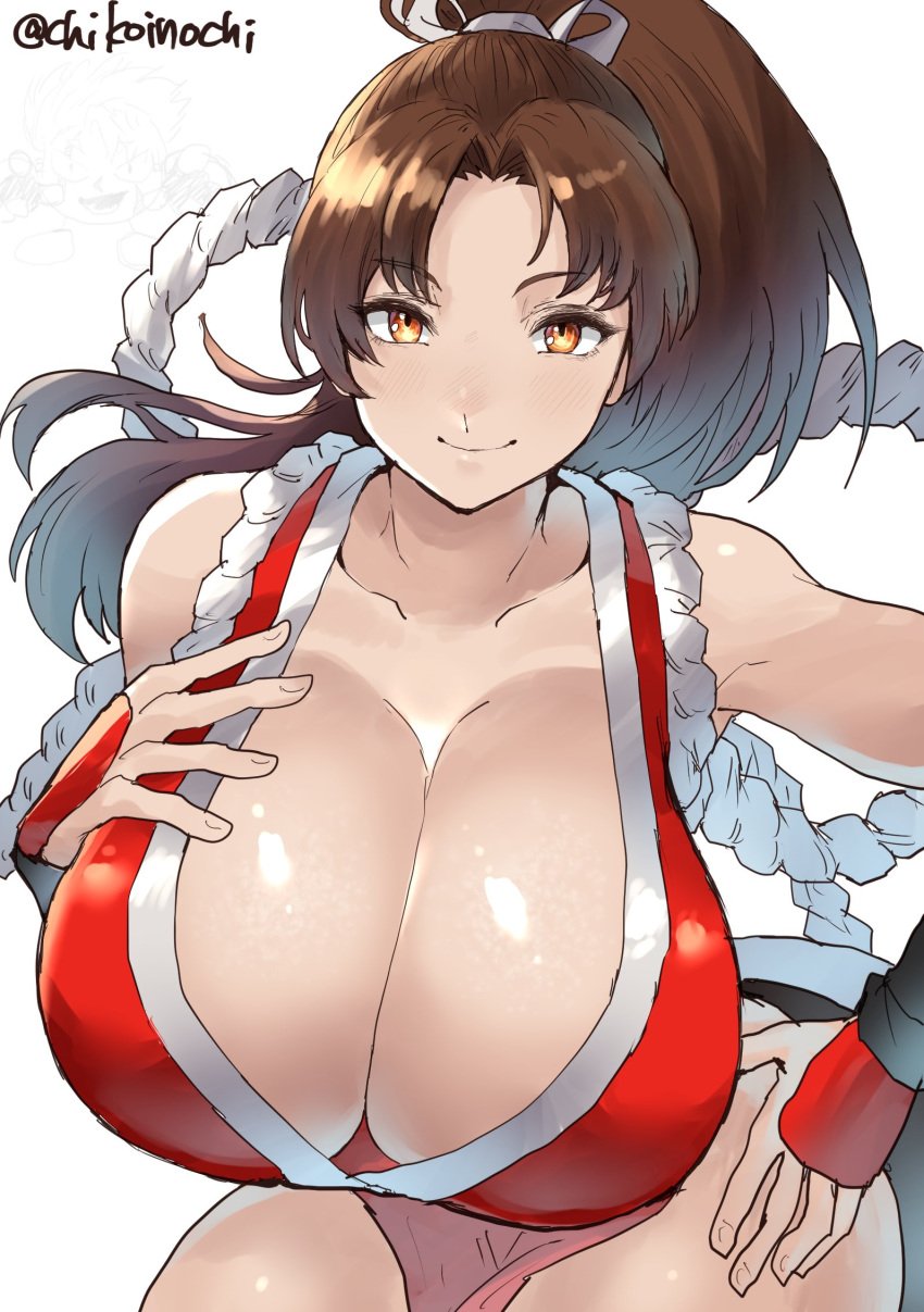 1girls 2d asian asian_female big_breasts breasts brown_hair chikoinochi cleavage cleavage_window fatal_fury female female_only fingerless_gloves fingernails gloves hand_on_breast hand_on_chest hazel_eyes huge_breasts king_of_fighters light-skinned_female light_skin looking_at_viewer mai_shiranui ponytail smile snk solo thighs