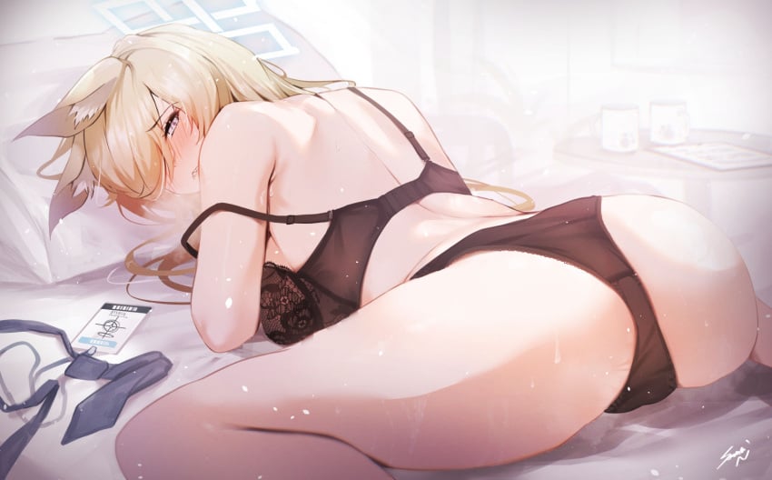 animal_ears ass back black_bra black_panties blonde_hair blue_archive blue_eyes blue_halo blush bra dog_ears dog_girl female hair_over_one_eye halo highres kanna_(blue_archive) lanyard lying necktie nose_blush on_bed on_stomach paid_reward_available panties pillow public_peace_bureau_(blue_archive) sea_nami signature solo strap_slip underwear underwear_only unworn_lanyard unworn_necktie valkyrie_police_school_student