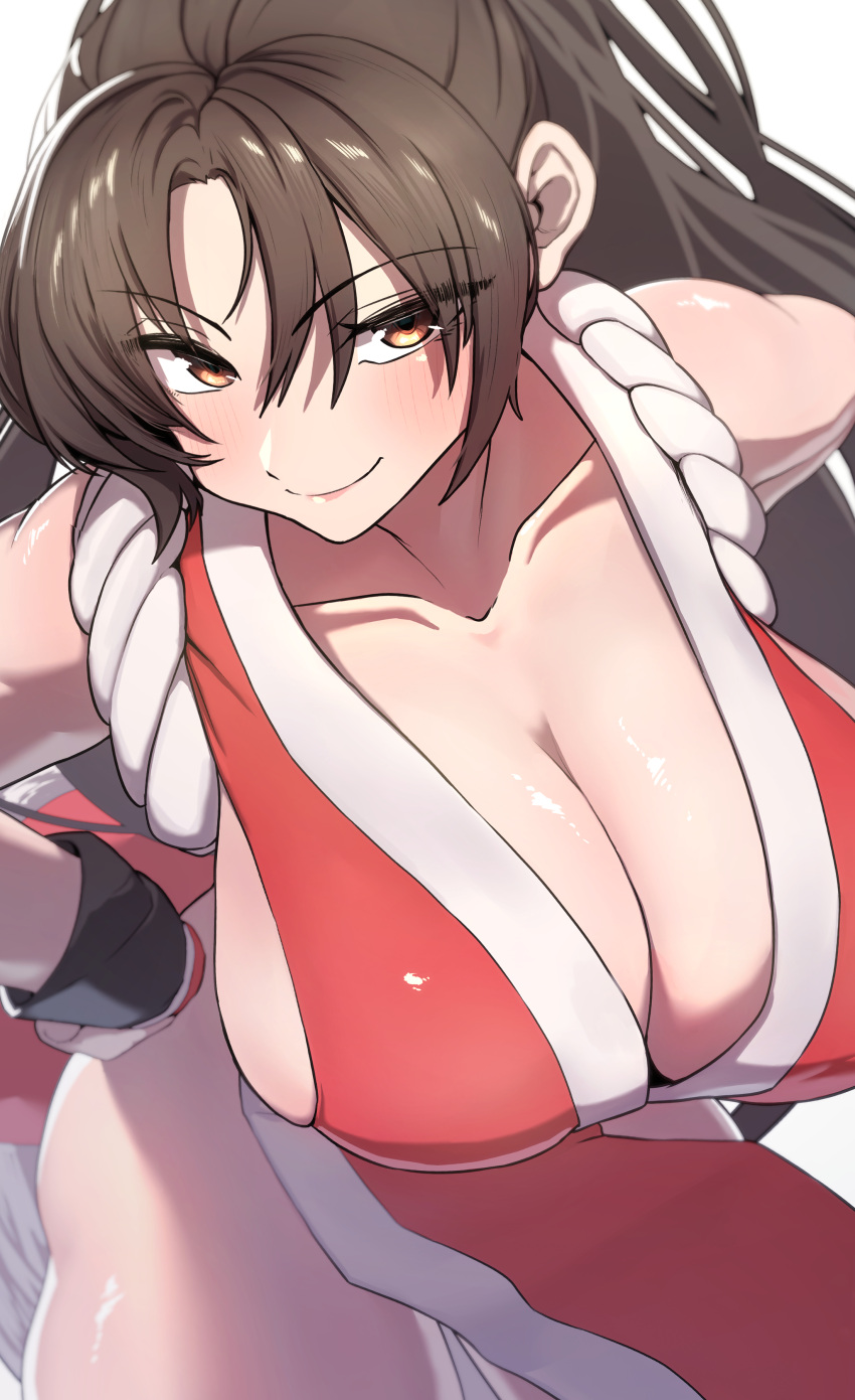 absurdres blush breast_focus breasts brown_eyes brown_hair cleavage fatal_fury female high_ponytail highres huge_breasts japanese_clothes long_hair looking_at_viewer mai_shiranui ponytail revealing_clothes sawtatsu simple_background smile smug solo street_fighter street_fighter_6 white_background