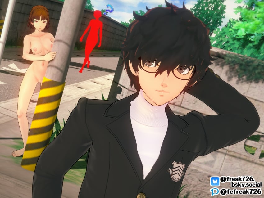 1girls completely_naked completely_naked_female completely_nude completely_nude_female exhibitionism exhibitionist fefreak726 female hiding makoto_niijima nudist outdoors persona persona_5 persona_5_royal public_nudity ren_amamiya