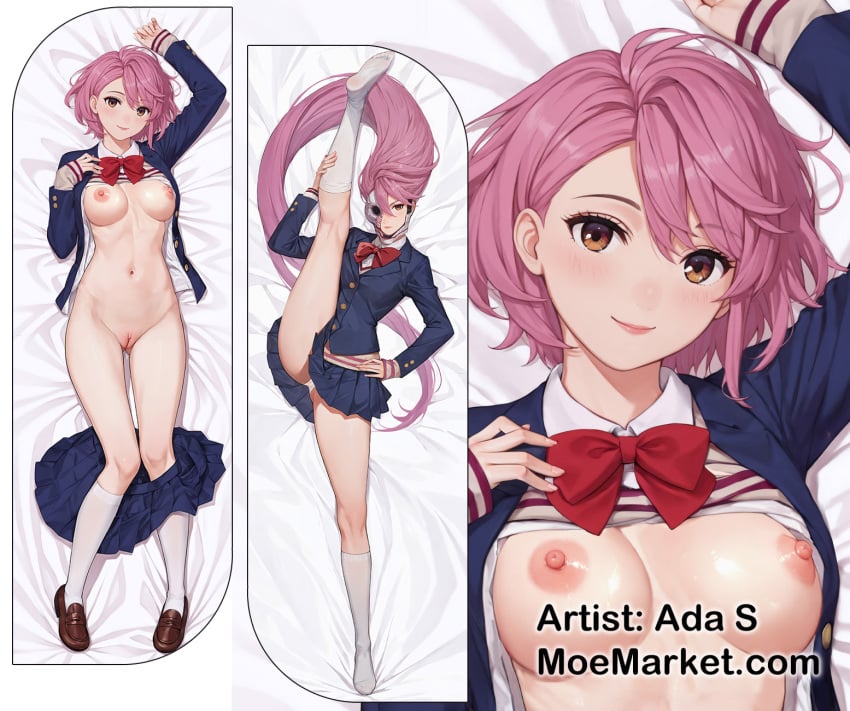 acrobatic_silky_(dandadan) ai_generated blue_jacket bow dakimakura_(medium) dandadan female highres jacket long_sleeves pink_eyes pink_hair red_bow shiratori_aira_(acrobatic_silky) shiratori_aira_(dandadan) short_hair skirt sweater