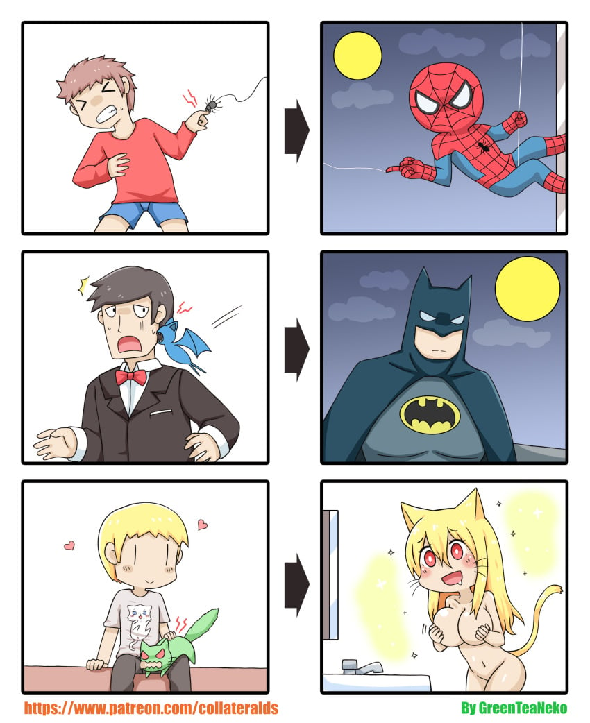 6koma angry animal_ears arachnid arthropod batman big_breasts blonde_hair breasts cat cat_ears comedy comic crossover dc dc_comics feline female feral funny gender_transformation greenteaneko humanoid humor male mammal marvel membranous_wings mongirl_4koma mtf_transformation nintendo nude open_mouth penis penis_biting pokemon smile spider spider-man spider-man_(series) transformation what wings zoophilia zubat