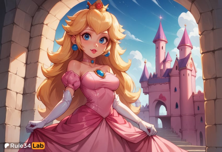 1girls ai_generated artist_name bare_shoulders blonde_hair blue_eyes blue_sky blush breasts castle choker cloud crown day dress earrings elbow_gloves gloves hi_res jewelry lips long_hair looking_at_viewer mario_(series) medium_breasts nintendo outdoors parted_lips pink_choker pink_dress princess_peach puffy_short_sleeves puffy_sleeves rule34lab short_sleeves skirt_hold sky smile solo sphere_earrings strapless super_mario_bros. white_gloves