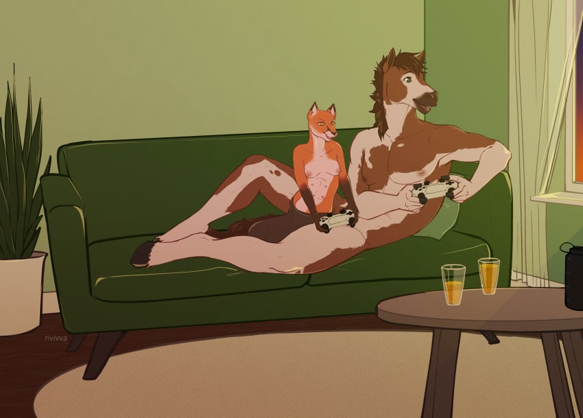 absurd_res anthro balls beverage big_balls big_penis body_horror breasts broderick_longshanks canid canine cock_transformation controller digital_media_(artwork) duo equid equine erection female fox fur furniture furry game_controller gaming genitals hair hi_res horse hybrid hyper intersex intersex/male living_room male male/female mammal merging multi_nipple nipples nude open_mouth penis penis_transformation rivivva sofa tail tongue transformation true_fox