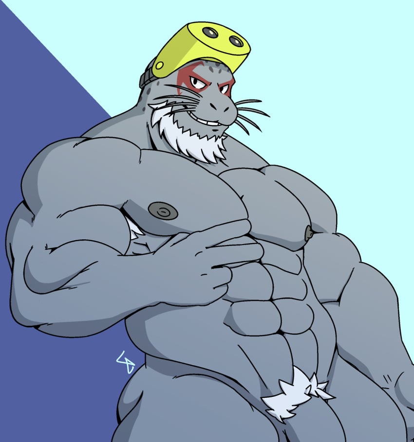 anthro artist_request balls bara barazoku beard facial_hair flaccid male male_only marine muscles muscular my_hero_academia nude penis seal selkie_(my_hero_academia) solo solo_male spotted_seal