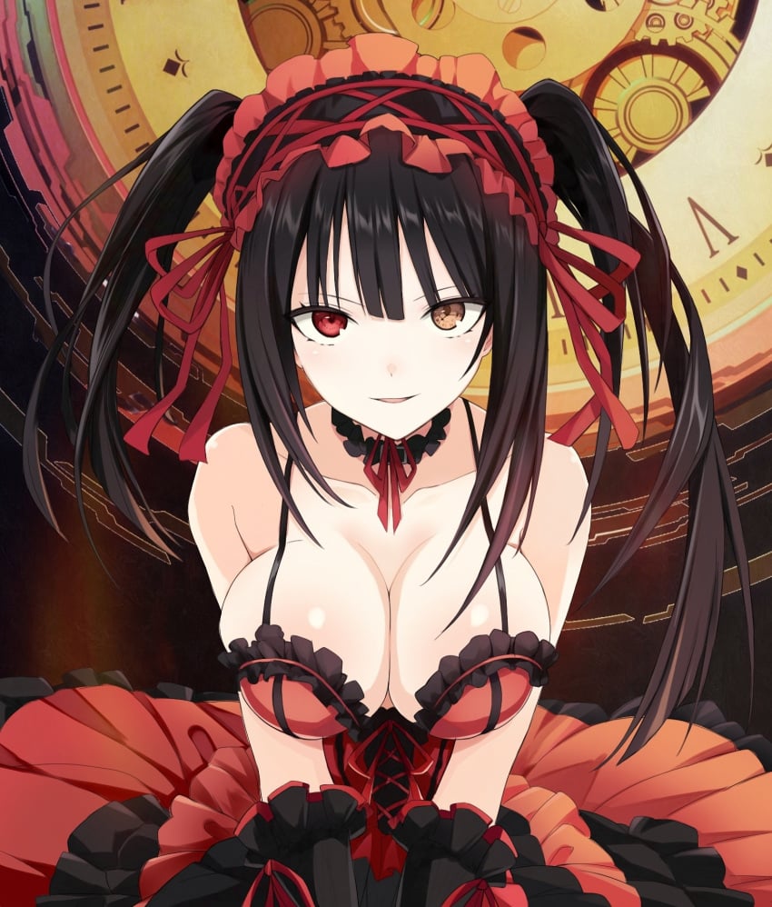 1girls 2d 2d_(artwork) black_hair breasts cleavage clock clothed date_a_live dress headband light-skinned_female long_dress long_hair looking_at_viewer medium_breasts pressing_breasts_together sitting solo solo_female tokisaki_kurumi twintails