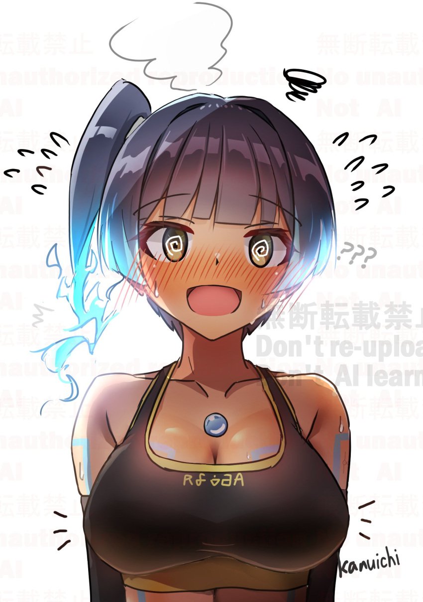 1girls bad_end bare_shoulders blue_hair blush brown_eyes cleavage core_crystal corruption crop_top dark-skinned_female dark_skin female female_only fiery_hair highres hypnosis hypnotic_eyes kanuitichrom medium_breasts mind_control monolith_soft nintendo open_mouth sena_(xenoblade) side_ponytail sports_bra sweat tan-skinned_female tan_skin tomboy upper_body xenoblade_(series) xenoblade_chronicles_3