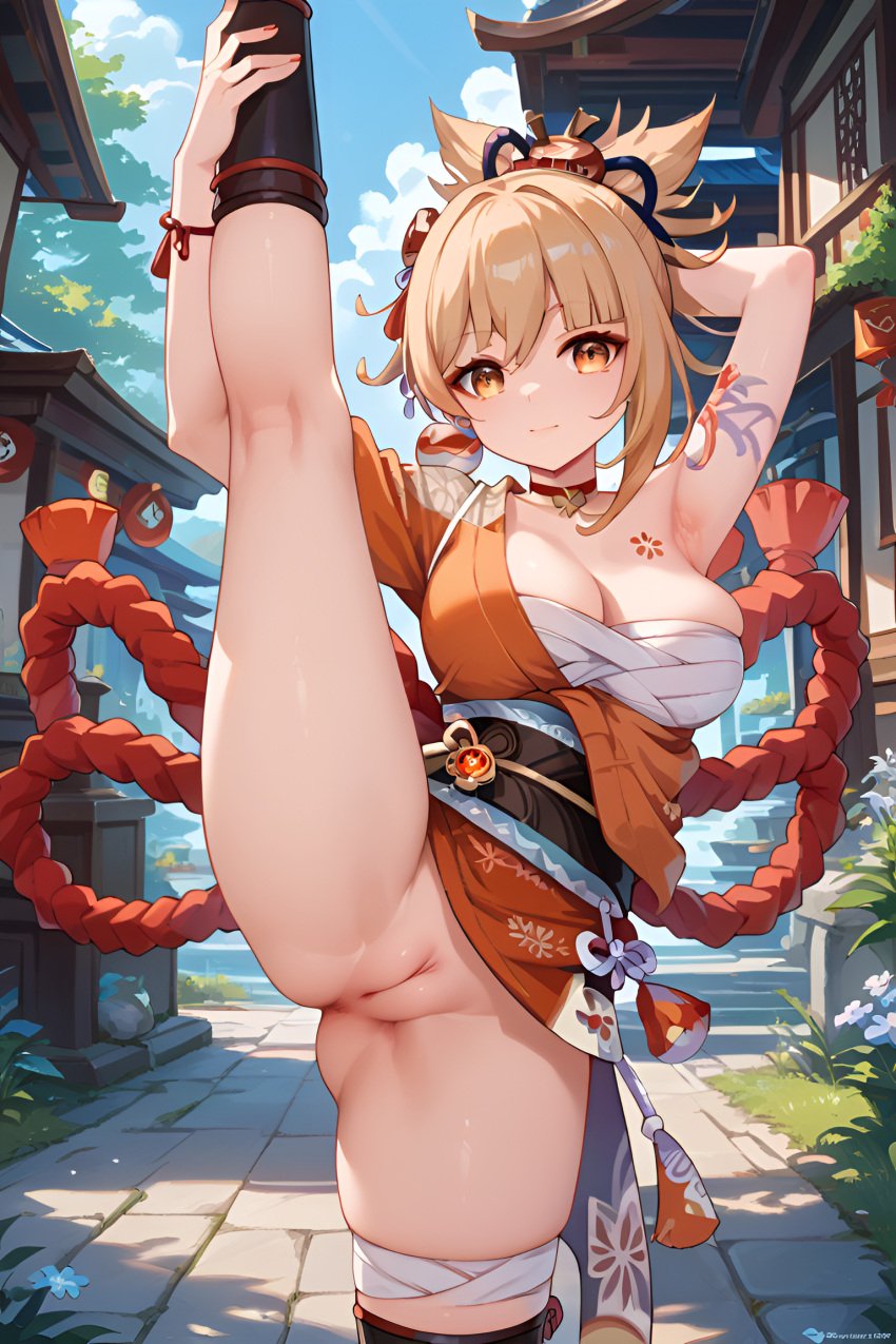 1girls ai_generated arm_tattoo bangs big_ass big_breasts big_butt blonde_female blonde_hair blonde_hair genshin_impact hair_ornament high_resolution highres hoyoverse jasse looking_at_viewer one_leg_up puffy_pussy pussy tagme yoimiya_(genshin_impact)