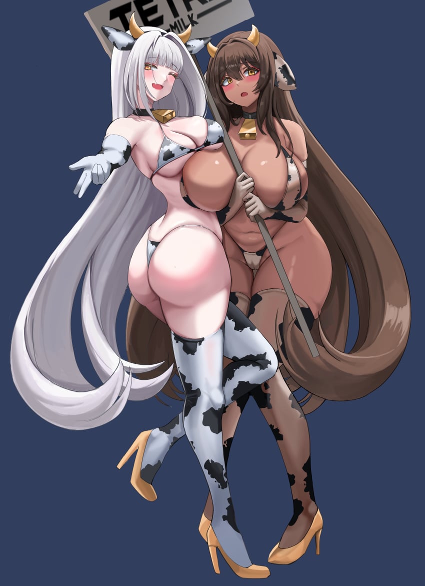 2girls alternate_costume animal_ears animal_print ass bare_shoulders bikini blanc_(nikke) blush breasts brown_eyes brown_hair cow_ears cow_horns cow_print cow_print_bikini cowbell dark_skin elbow_gloves embarrassed fake_animal_ears fake_horns from_behind gloves goddess_of_victory:_nikke high_heels horns huge_ass huge_breasts large_breasts long_hair looking_at_viewer looking_back minji_(jimin10804) multiple_girls naughty_face noir_(nikke) one_eye_closed open_mouth print_bikini siblings sideboob sign sisters smile swimsuit thick_thighs thighhighs thighs thong thong_bikini very_long_hair white_hair wink